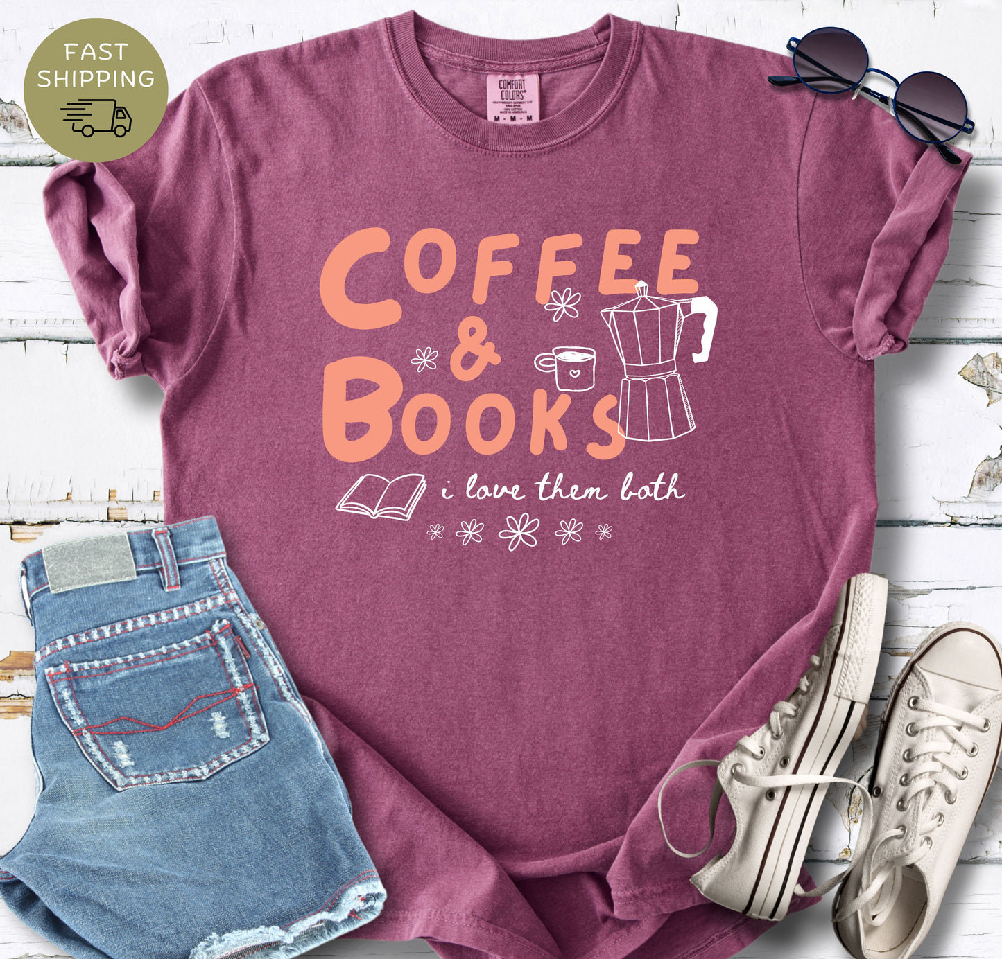 Casual lifestyle mockup of a bookish shirt with the phrase “Coffee & Books, I Love Them Both.”