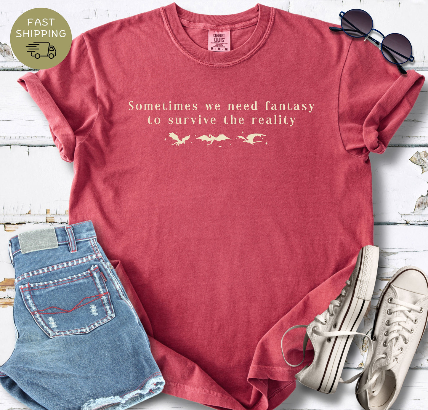 Cosy fantasy reader shirt with a witty quote about escaping into books.