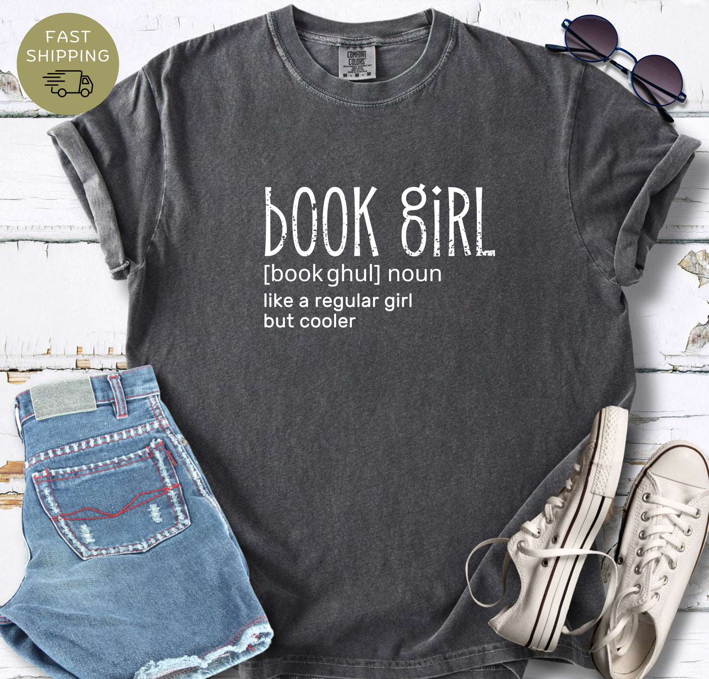 Book girl graphic t-shirt in pepper color on Comfort Colors 1717