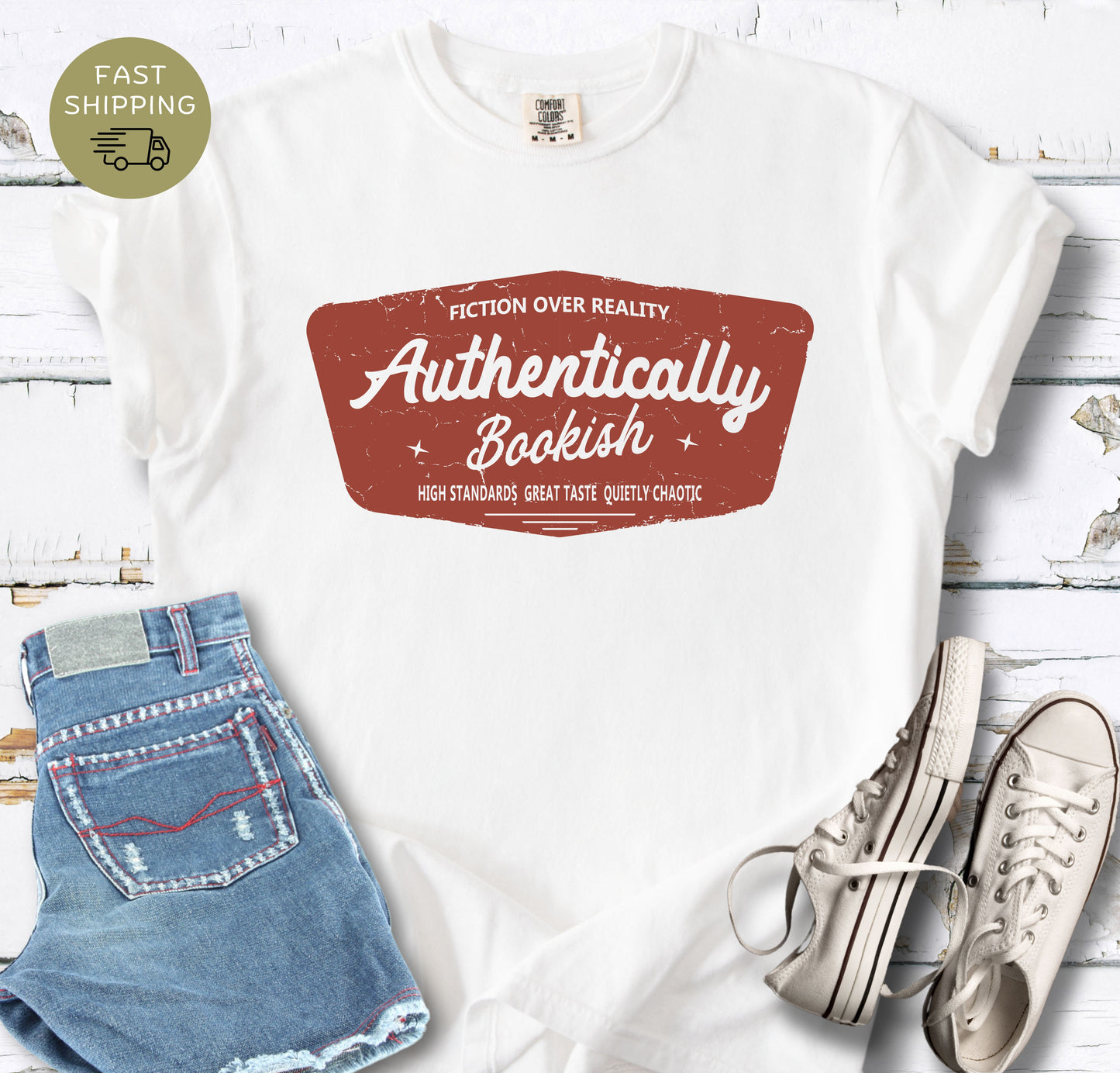 Minimalist bookish shirt with distressed badge style design