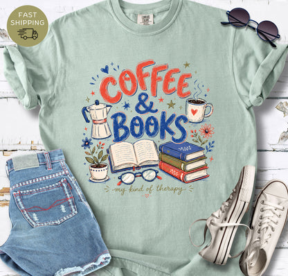 Coffee and books Comfort Colors t-shirt with colorful bookish graphic on a light green shirt.