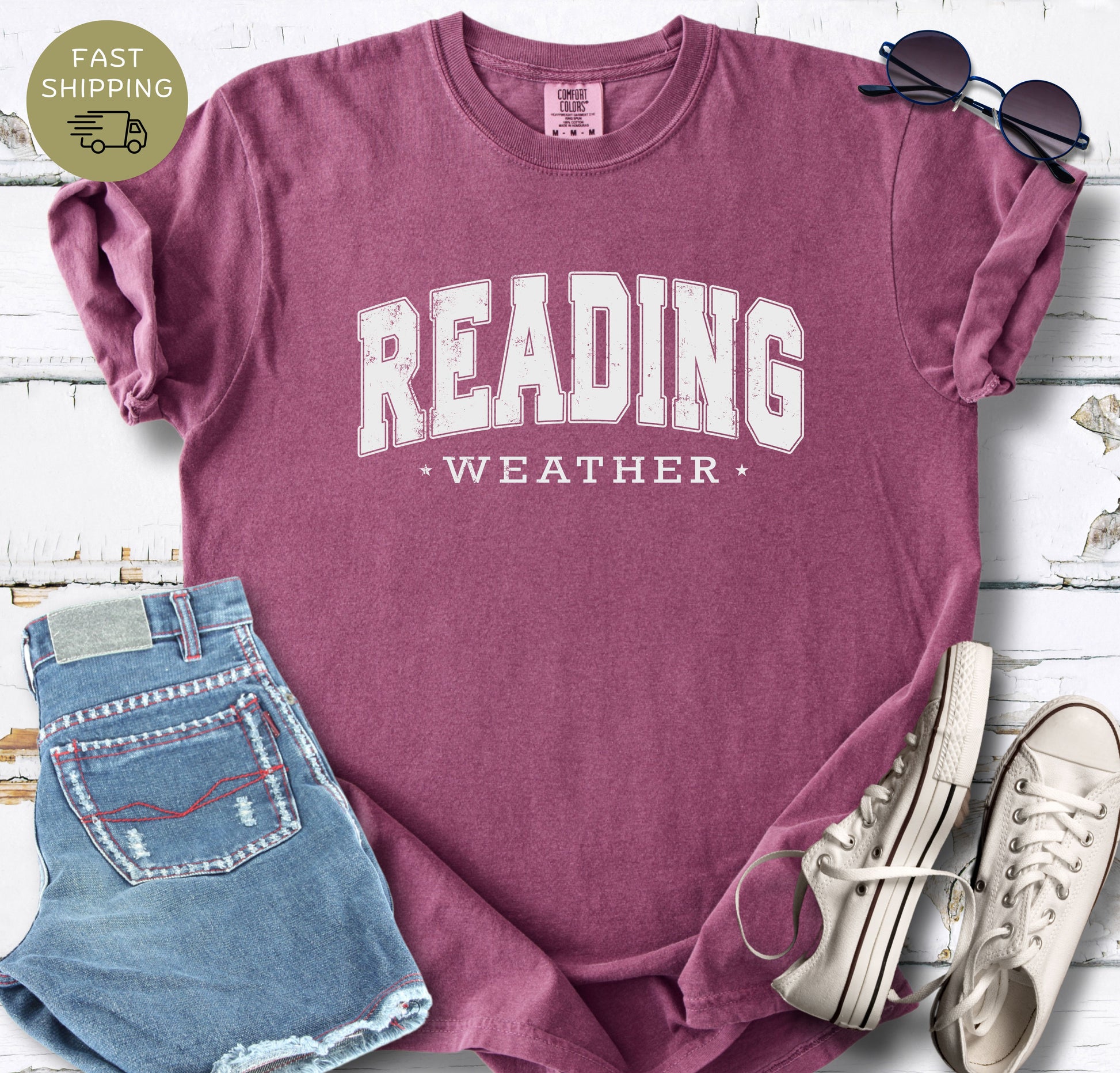 Berry book lover shirt with reading weather typography design