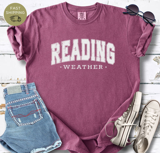Berry book lover shirt with reading weather typography design