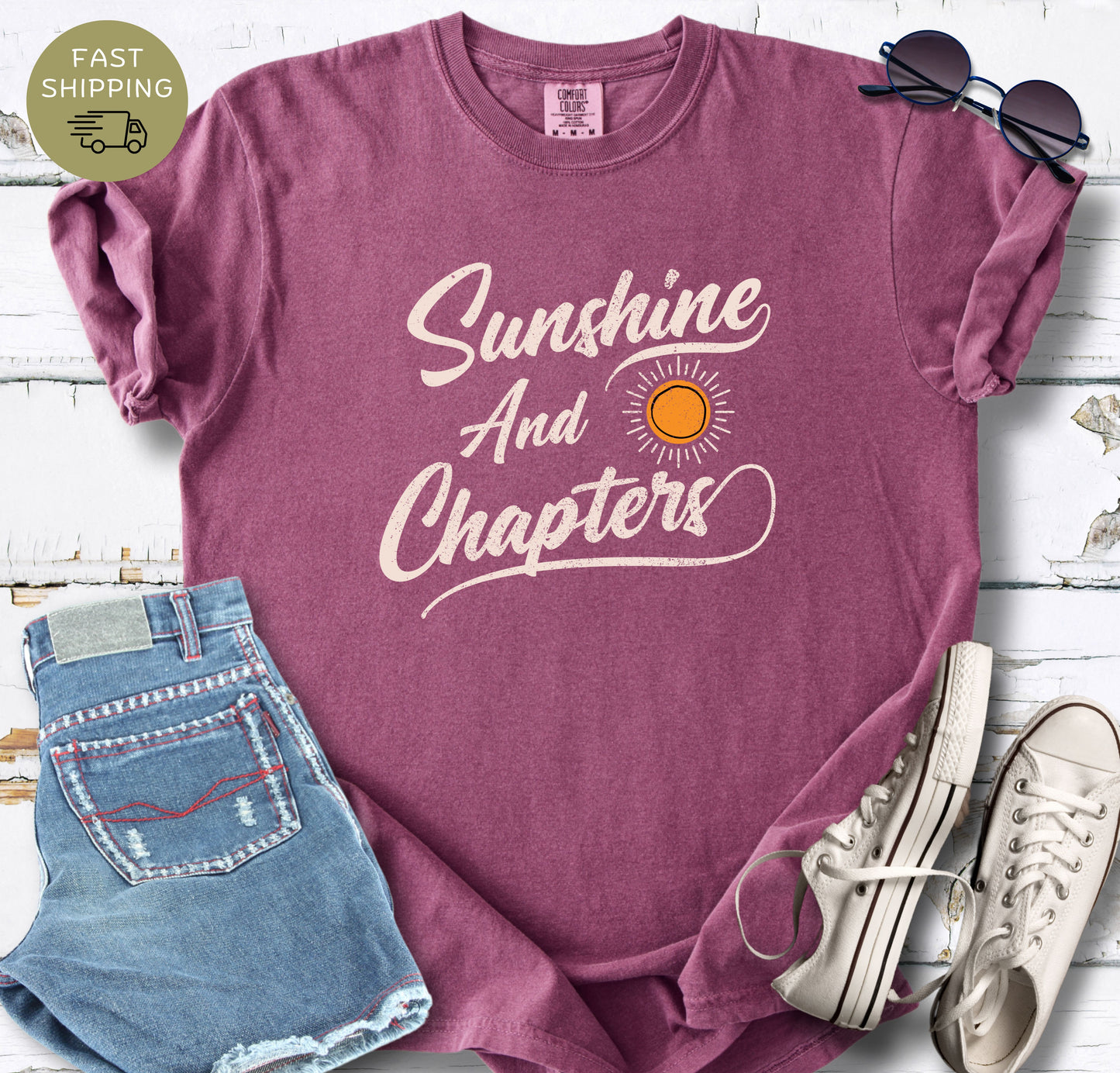 Berry garment-dyed reading shirt with retro sun and cursive text