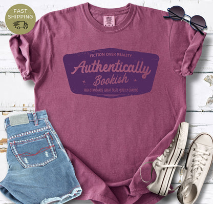 Cozy reader aesthetic t-shirt with fiction over reality quote