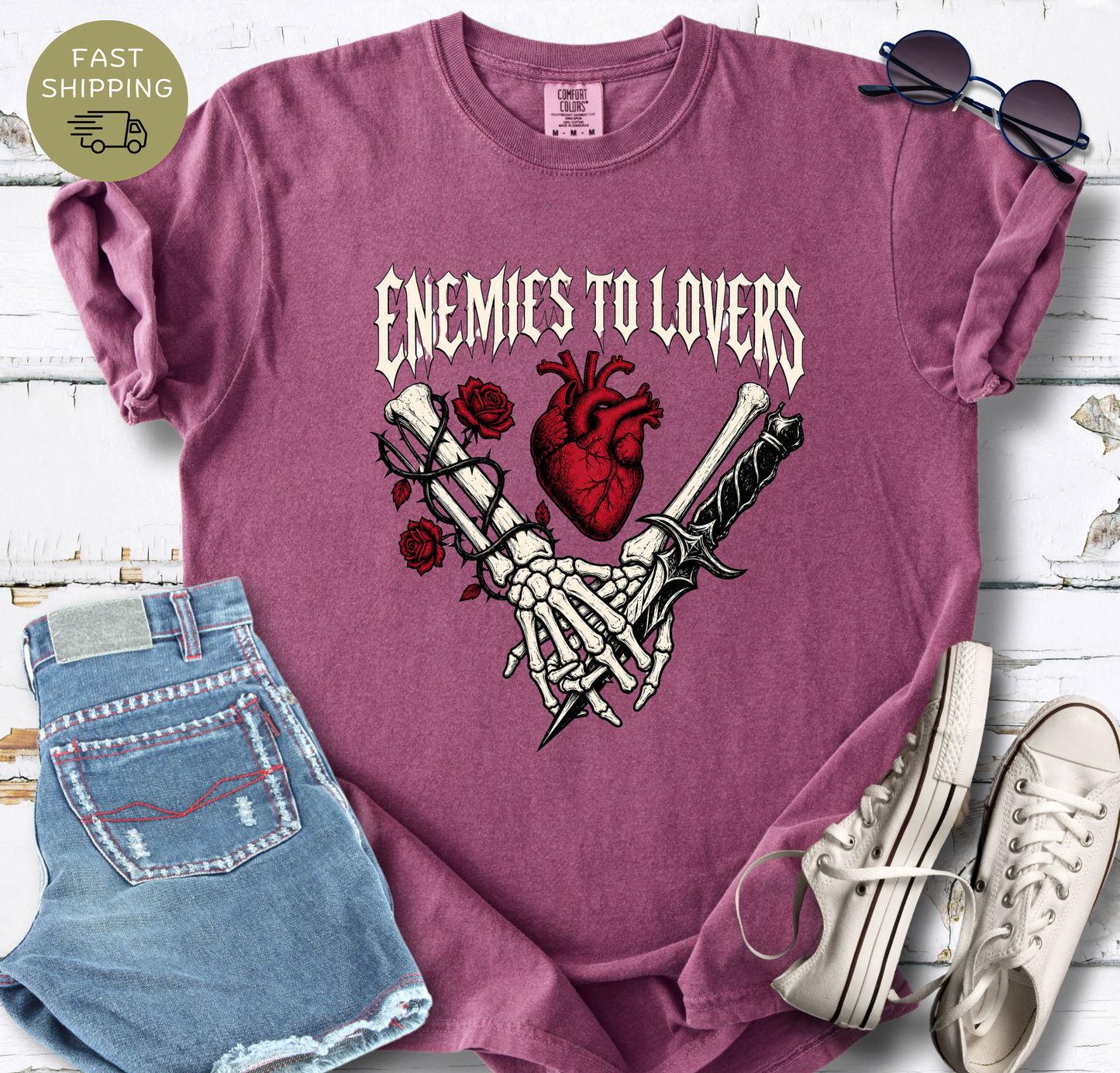 Dark academia book lover tee featuring enemies to lovers trope artwork