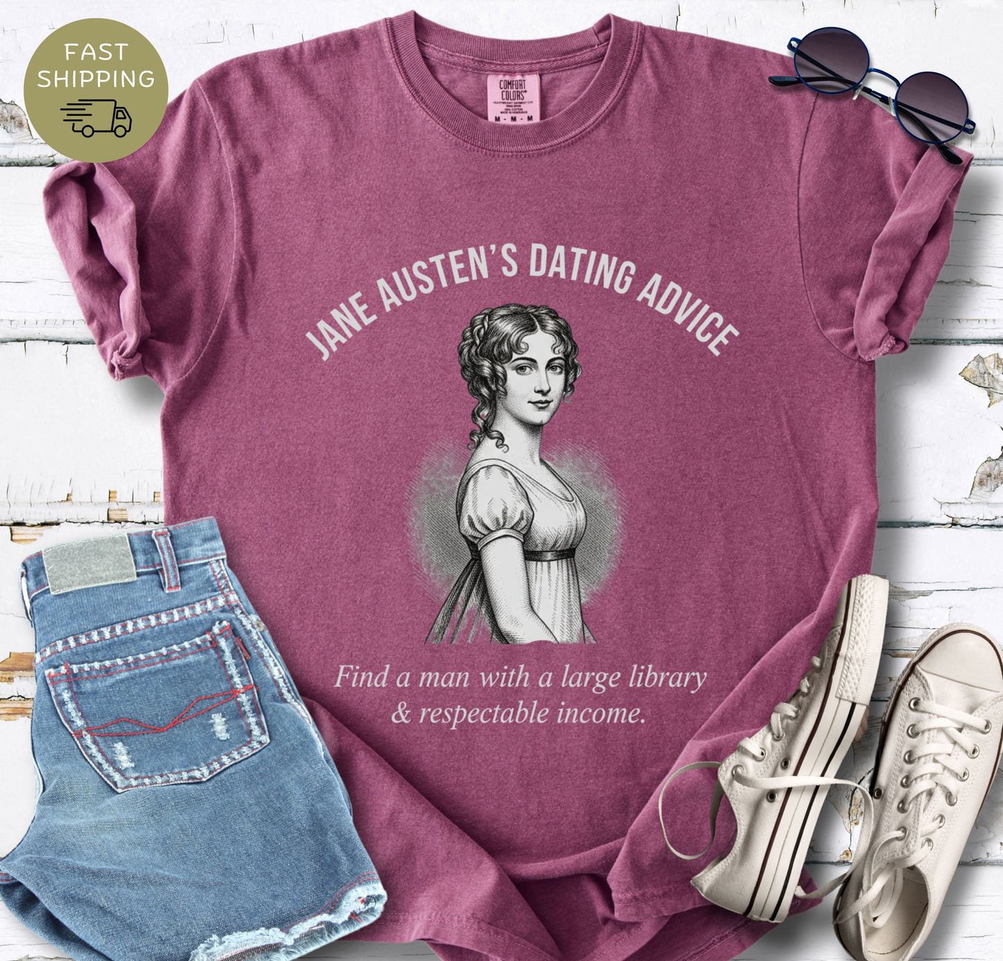 Jane Austen dating advice shirt in Comfort Colors Berry featuring vintage portrait and funny romance reader quote