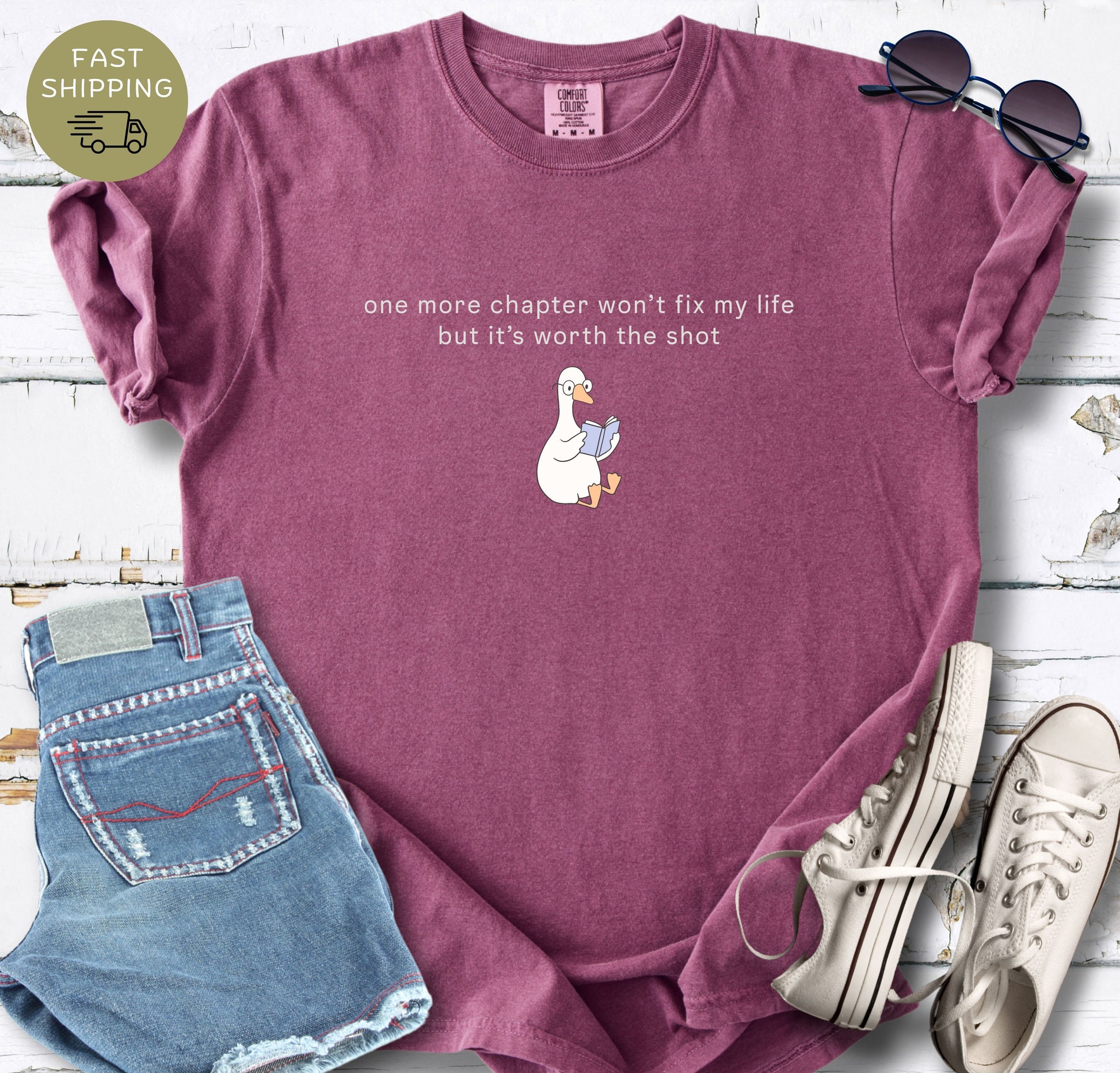 Berry book lover shirt with cute duck reading illustration