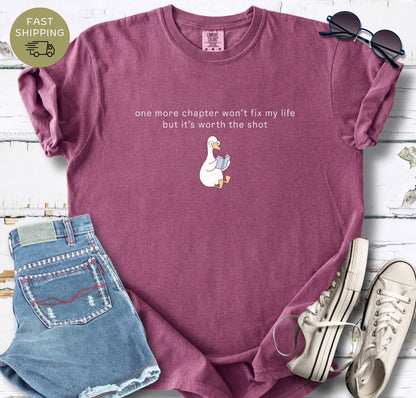 Berry book lover shirt with cute duck reading illustration