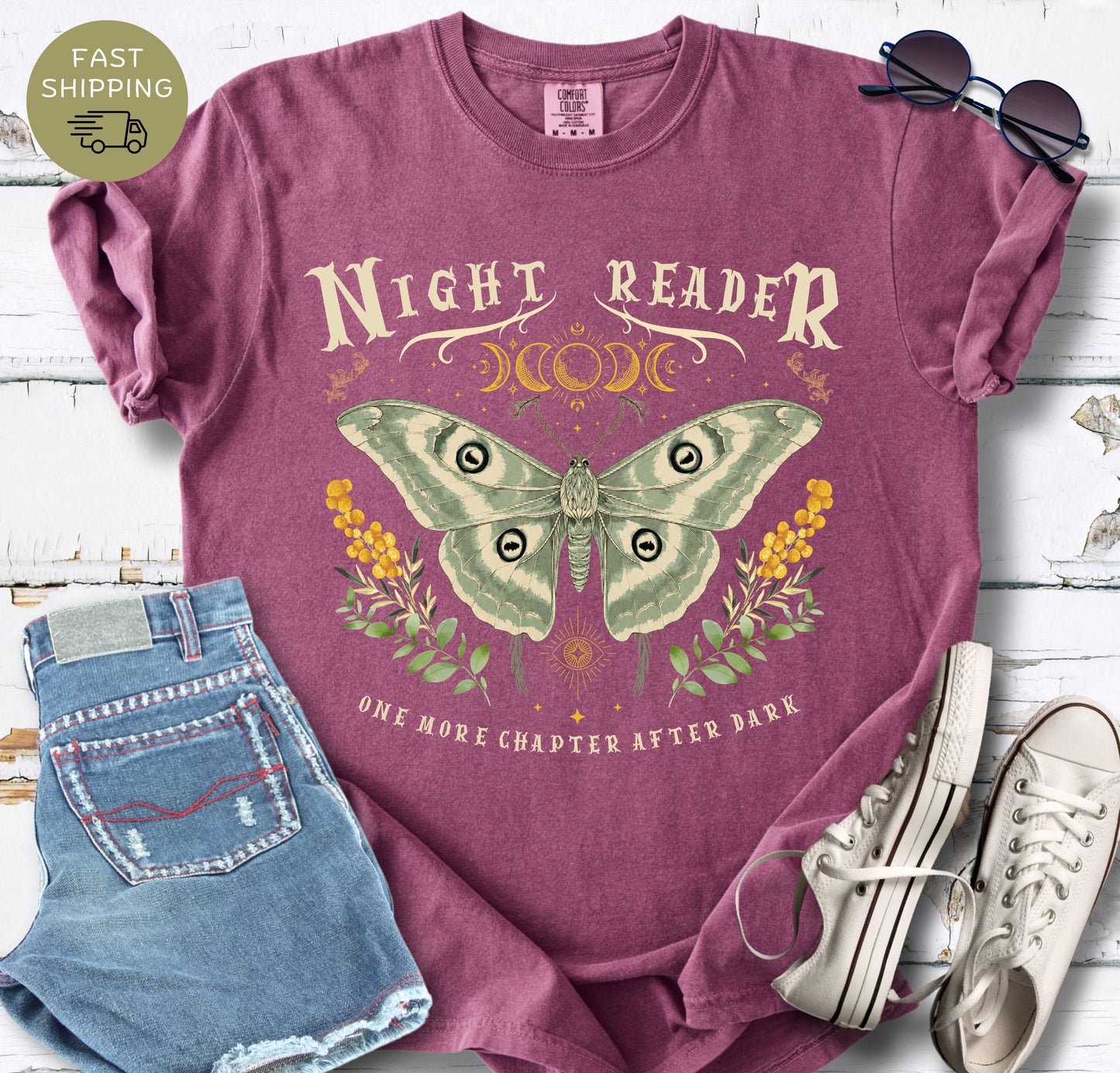 Mystical night reading shirt with the phrase “One More Chapter After Dark” and a luna moth illustration.