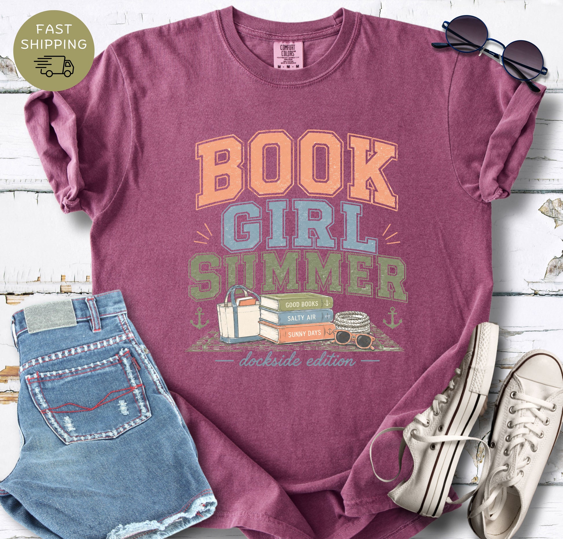 Coastal book lover shirt with vintage summer typography and books