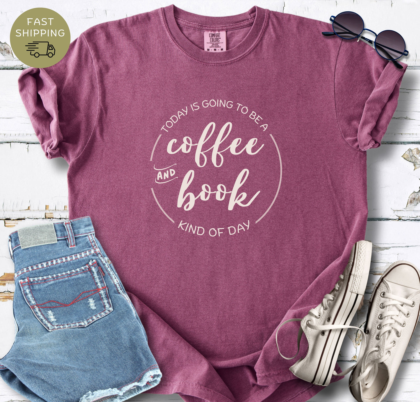 Cozy book lover shirt in berry color with coffee and reading slogan