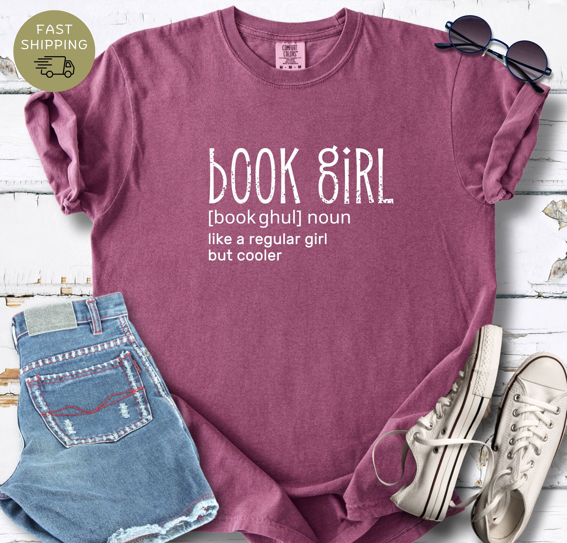 Book girl graphic t-shirt in berry color on Comfort Colors 1717