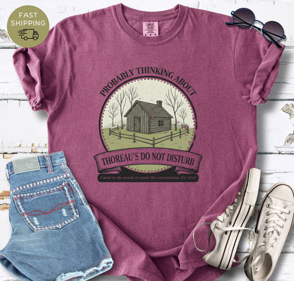 Berry bookish t-shirt with Thoreau quote and rustic forest cabin graphic