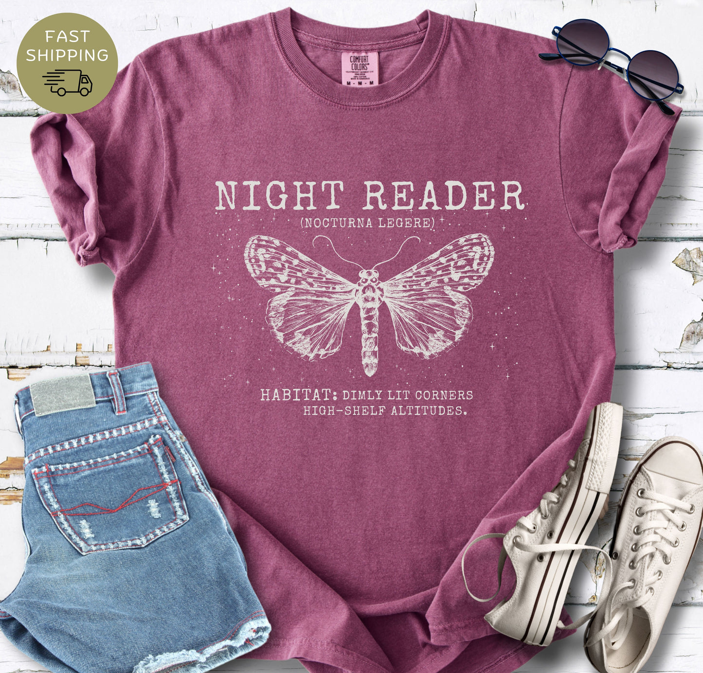 Berry reader t-shirt with vintage moth illustration and gothic style