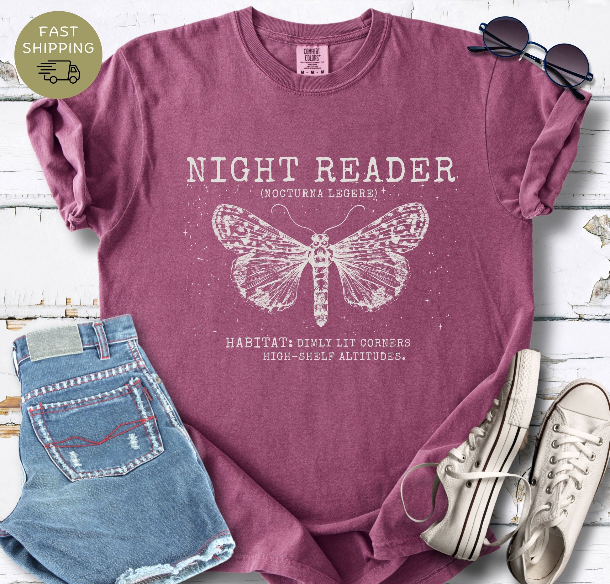 Berry reader t-shirt with vintage moth illustration and gothic style
