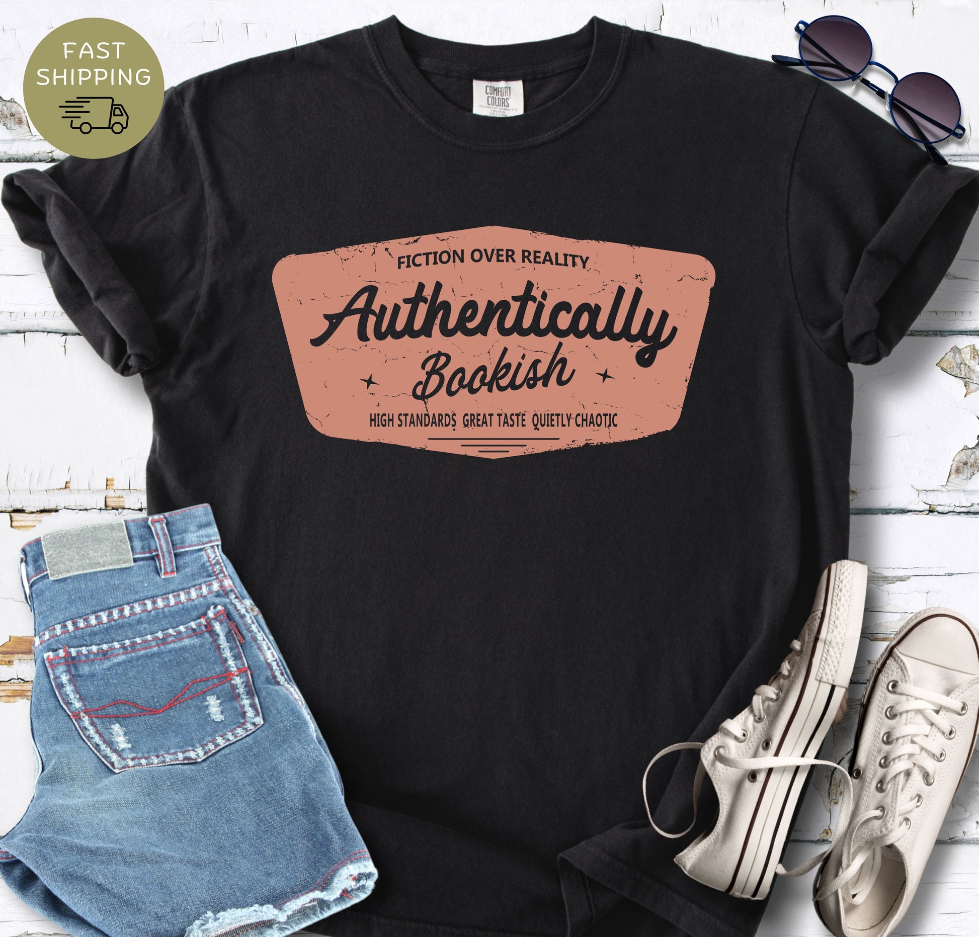 Book lover shirt with “Authentically Bookish” vintage typography