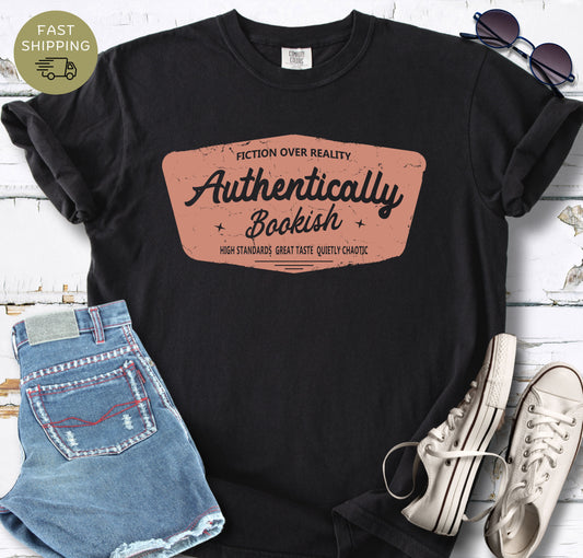 Book lover shirt with “Authentically Bookish” vintage typography