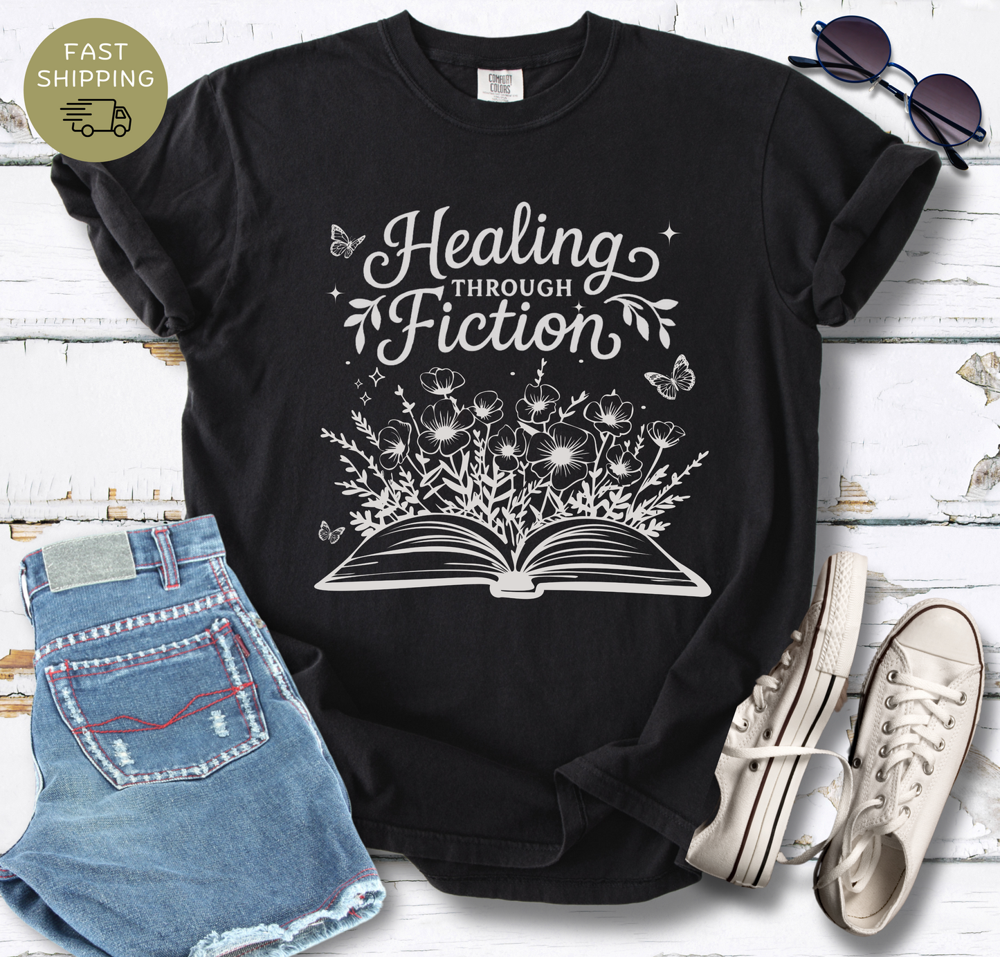 Healing Through Fiction Floral T-shirt