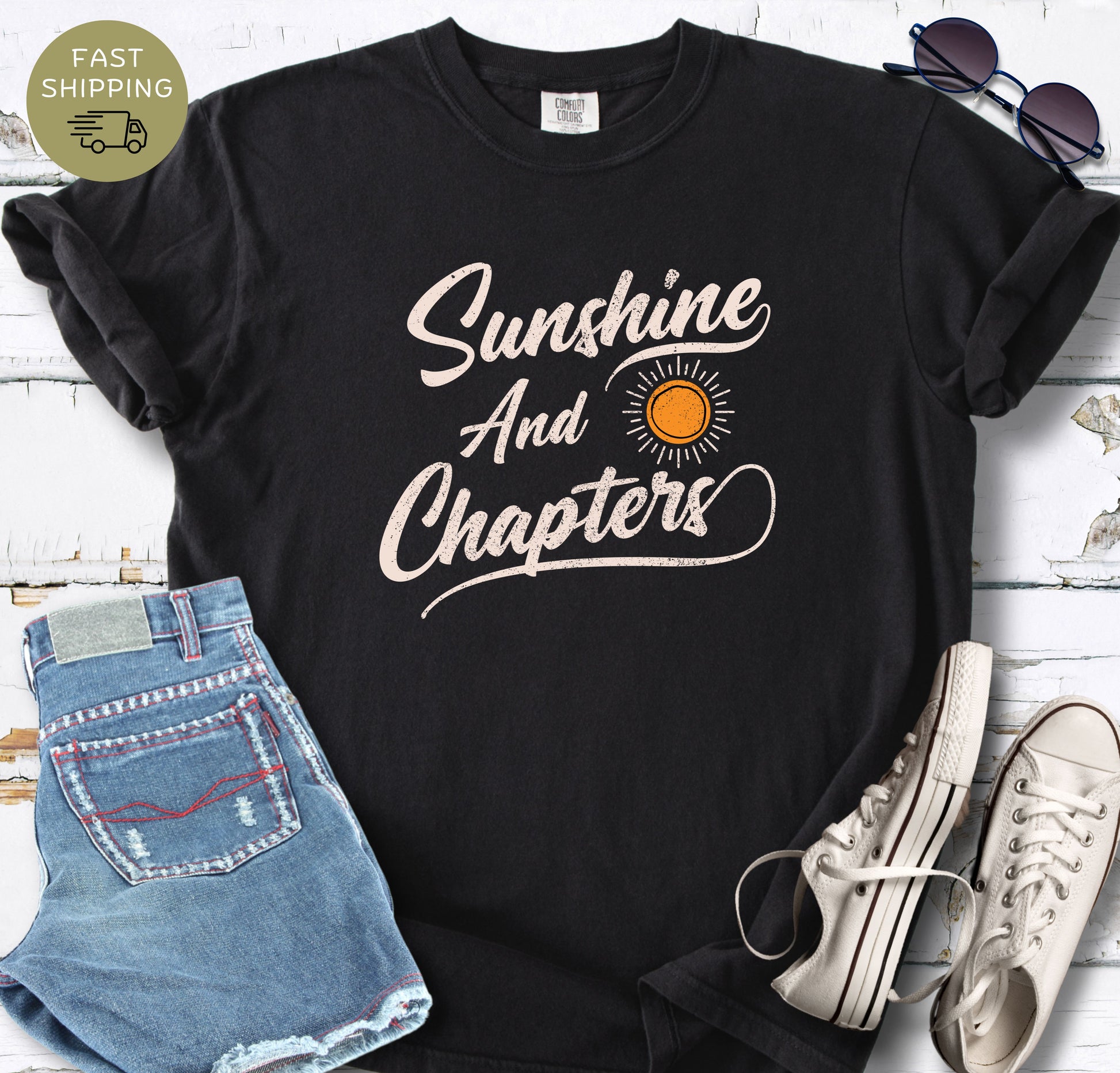 Black  Comfort Colors t-shirt with distressed 'Sunshine And Chapters' print — gift for book lovers and readers