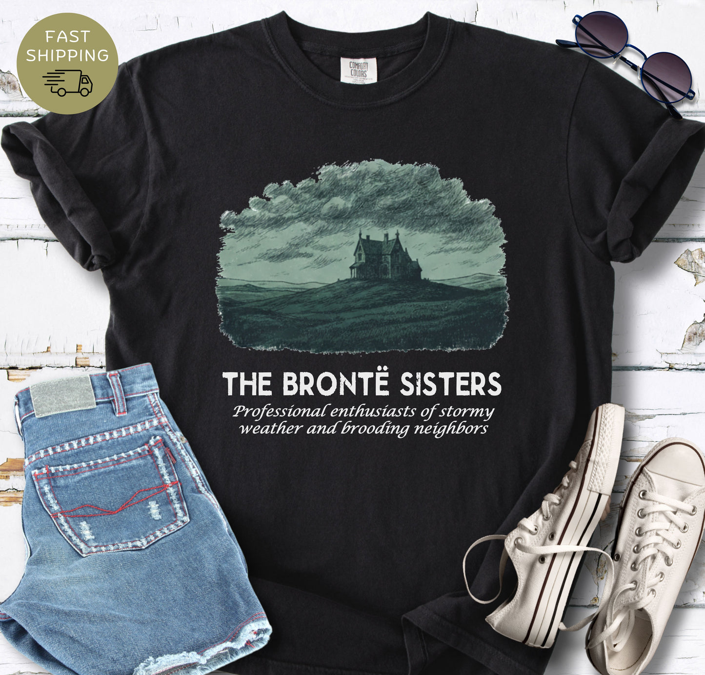 Dark academia Brontë Sisters shirt with gothic moor landscape design