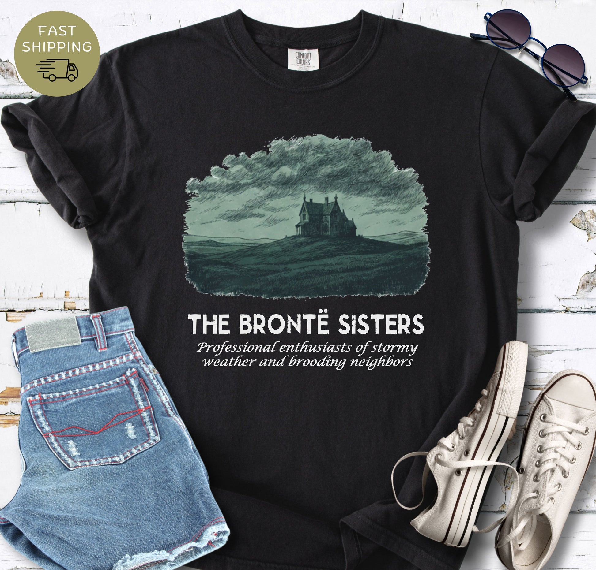 Dark academia Brontë Sisters shirt with gothic moor landscape design