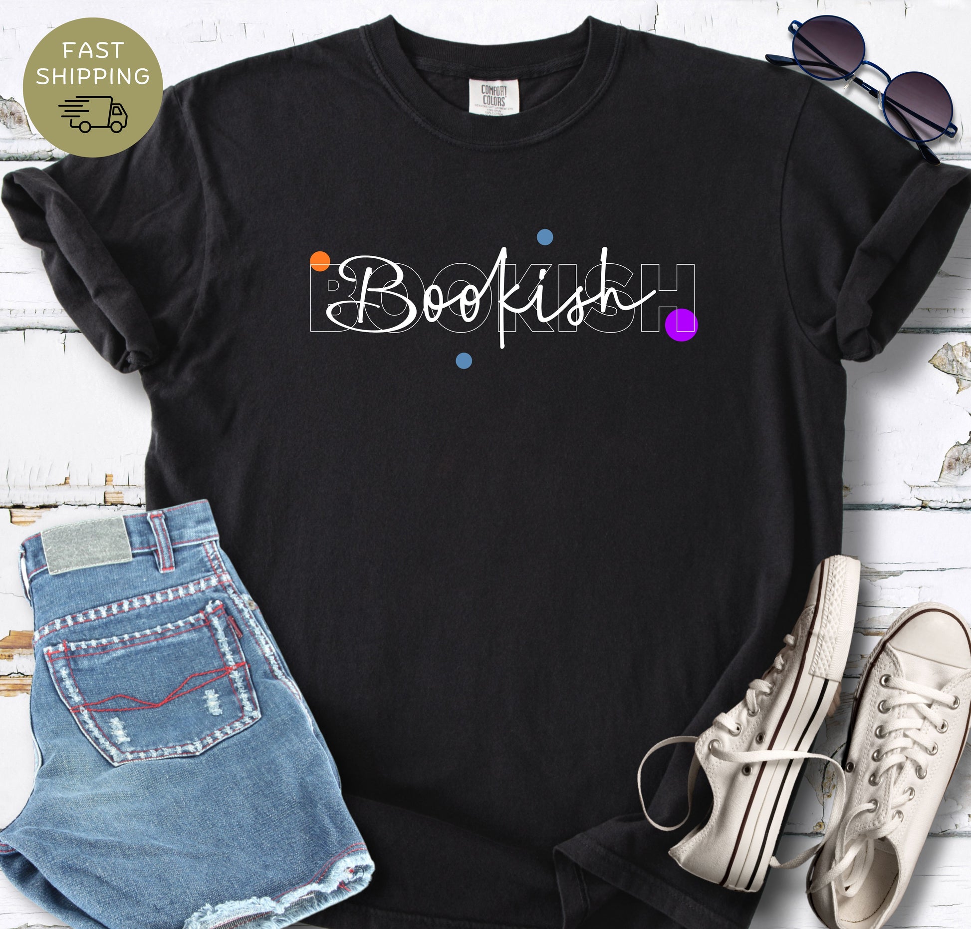 Black Comfort Colors T-shirt featuring the word “Bookish” in layered script and outlined typography.