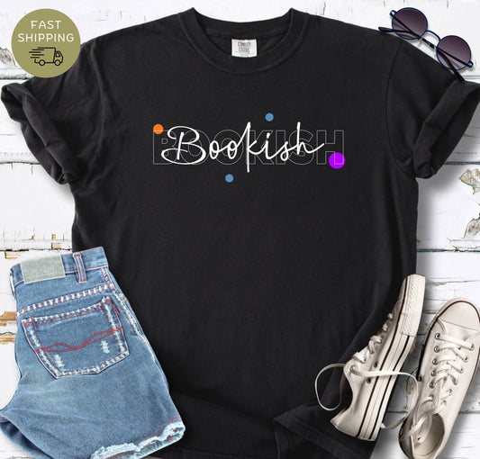 Black Comfort Colors T-shirt featuring the word “Bookish” in layered script and outlined typography.