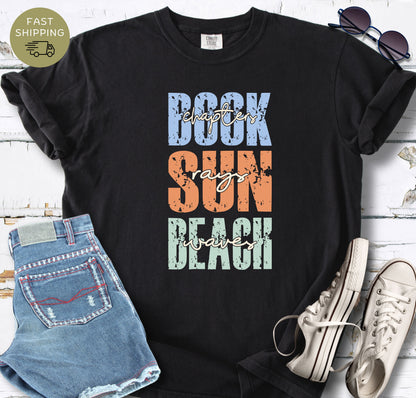 Beach book lover shirt with retro stacked text in soft summer colors