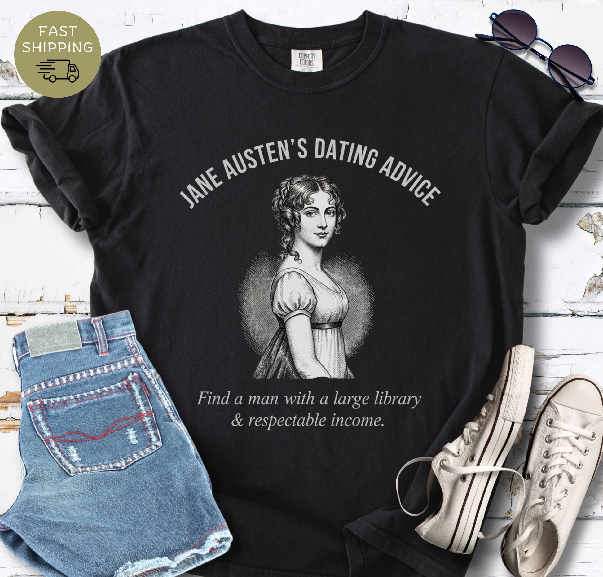 Funny Jane Austen romance reader t-shirt in Black Comfort Colors 1717