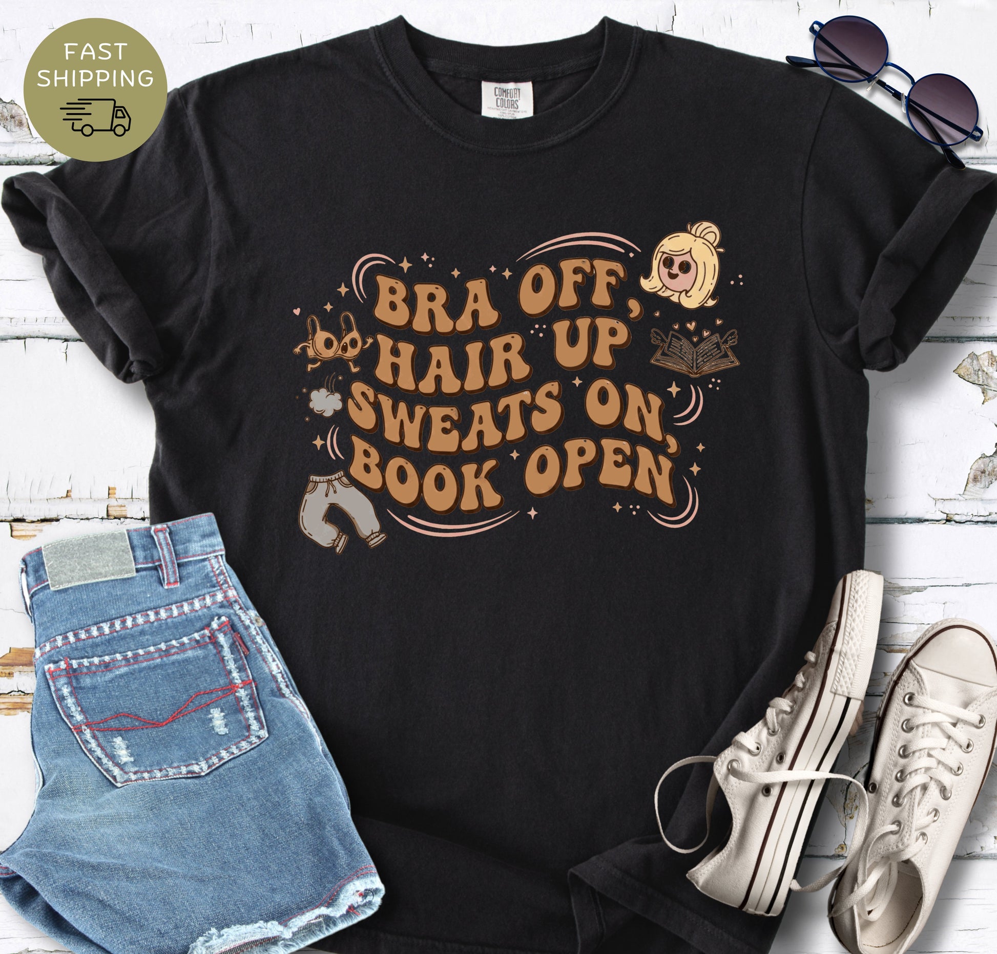 Cute cozy reader t-shirt with book and comfy night illustration