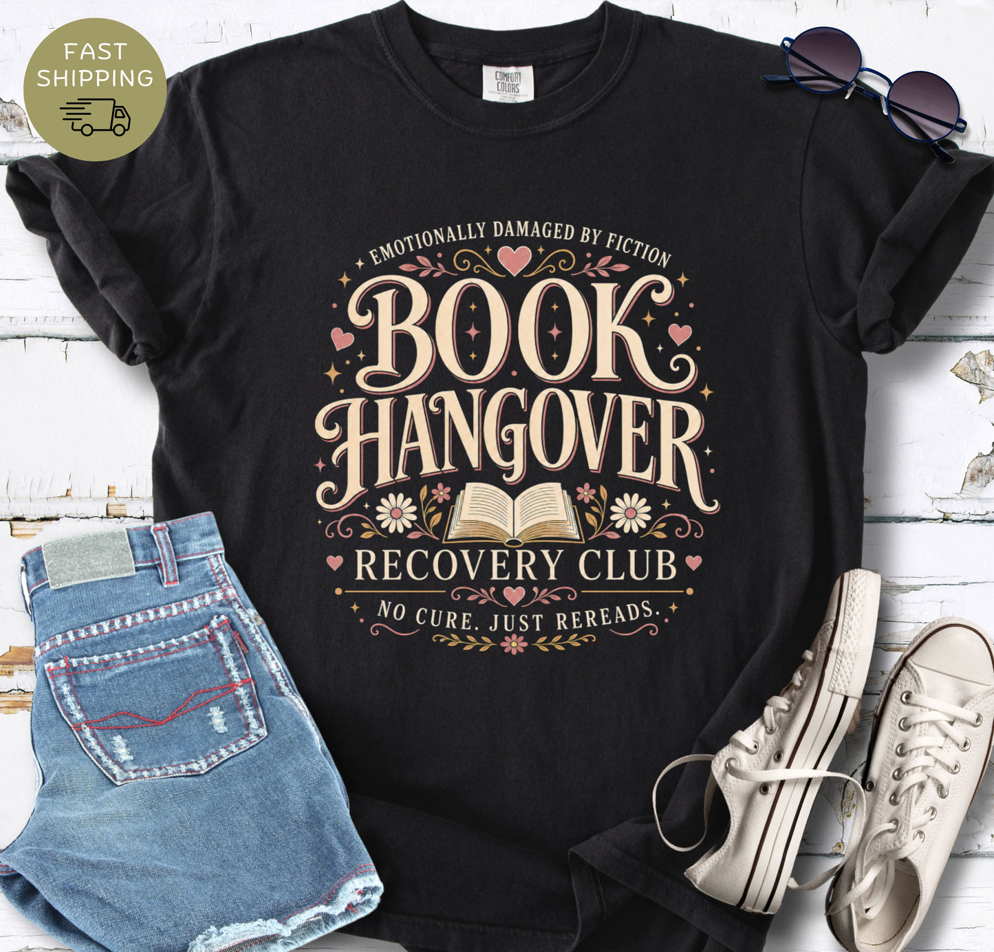 Black Comfort Colors T-shirt featuring the phrase “Book Hangover Recovery Club” in vintage-style lettering.