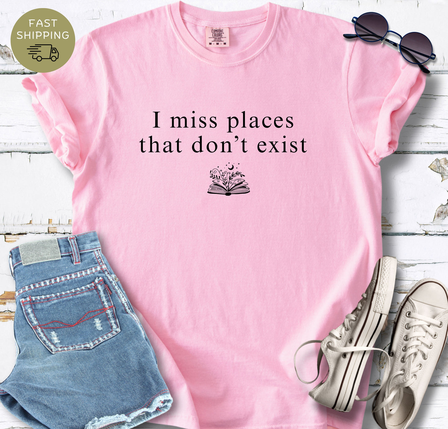 Fantasy reader shirt with “I miss places that don’t exist” text design