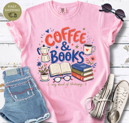 Comfort Colors bookish t-shirt styled with jeans, sneakers, and sunglasses flat lay.