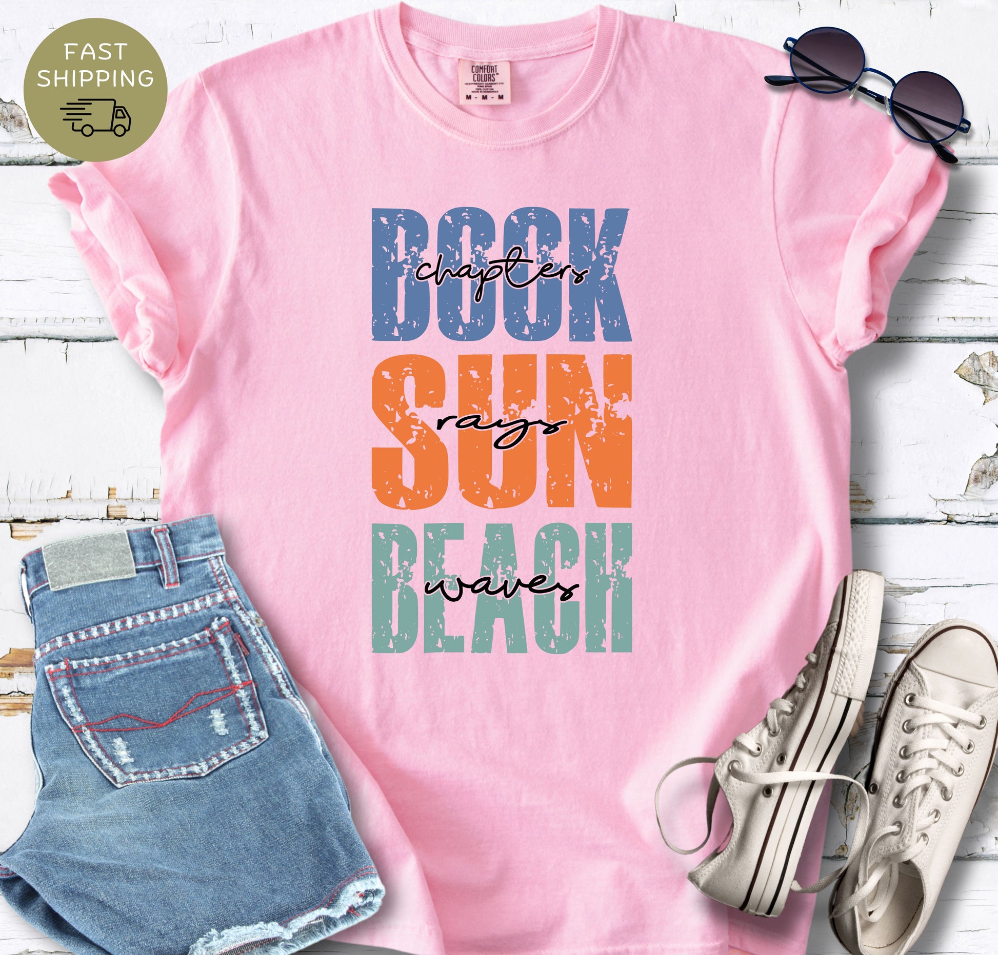 Minimalist summer reader shirt with beach inspired typography