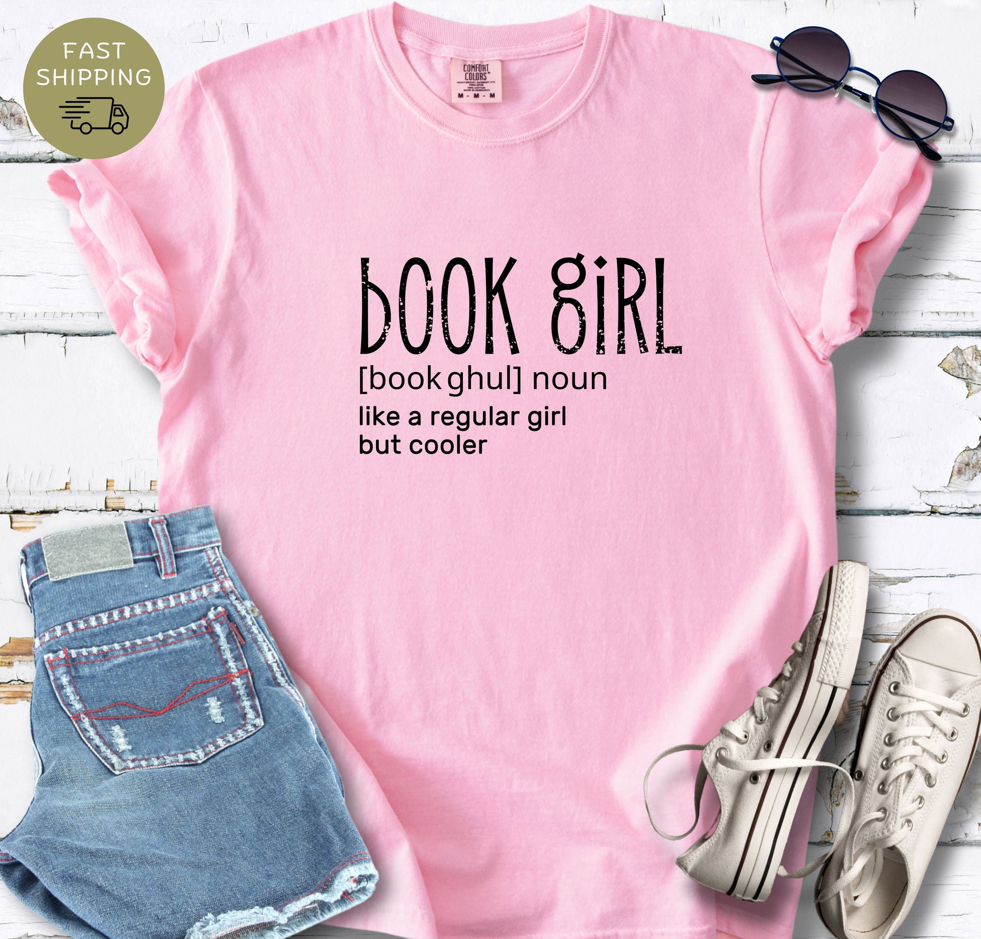 Book girl graphic t-shirt in blossom color on Comfort Colors 1717