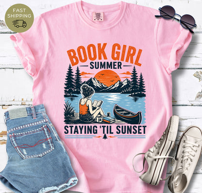 Comfort Colors blossom tee with outdoor reading and sunset graphic