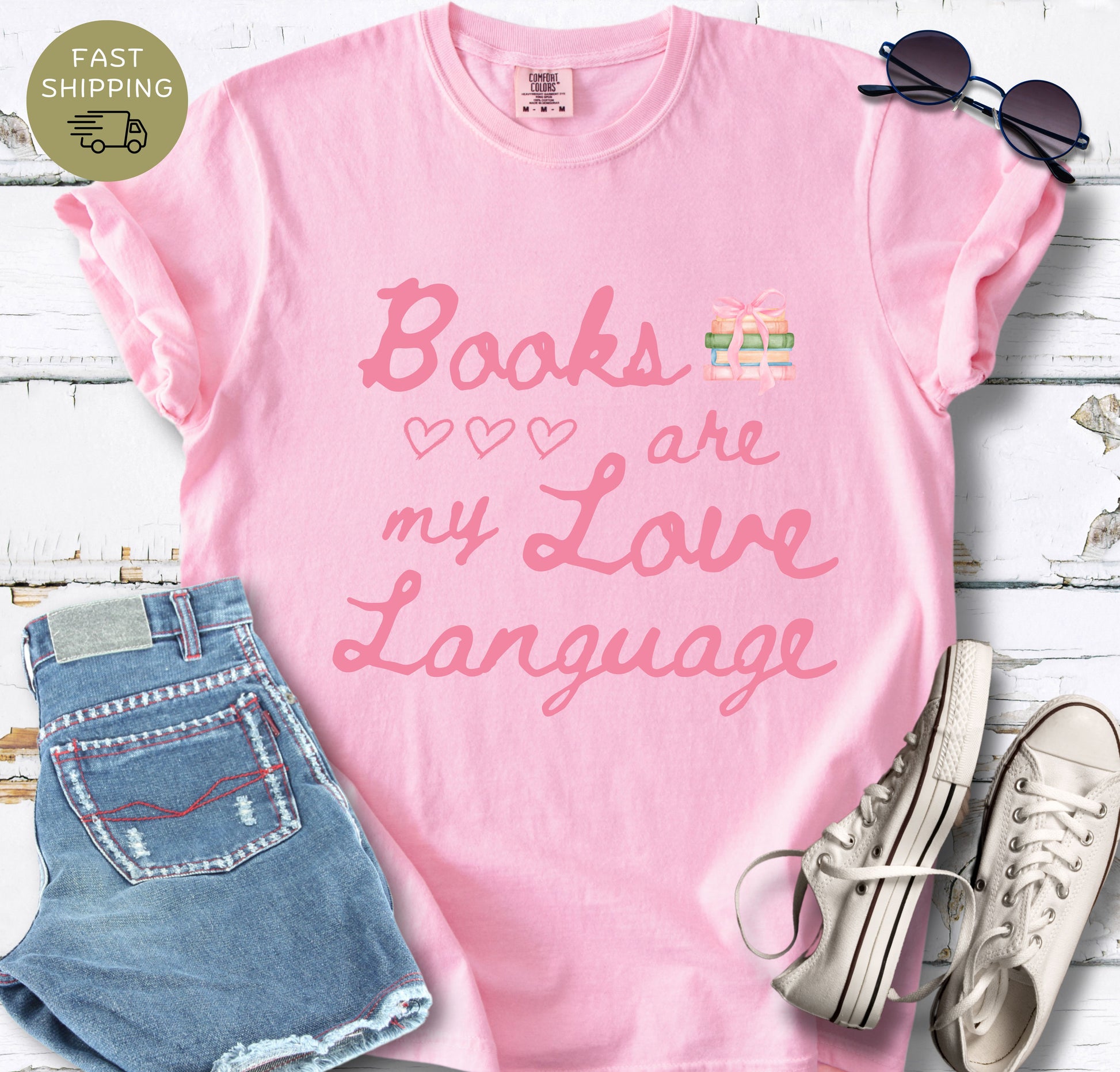 Books Are My Love Language bookish t-shirt printed on Comfort Colors 1717 in blossom color