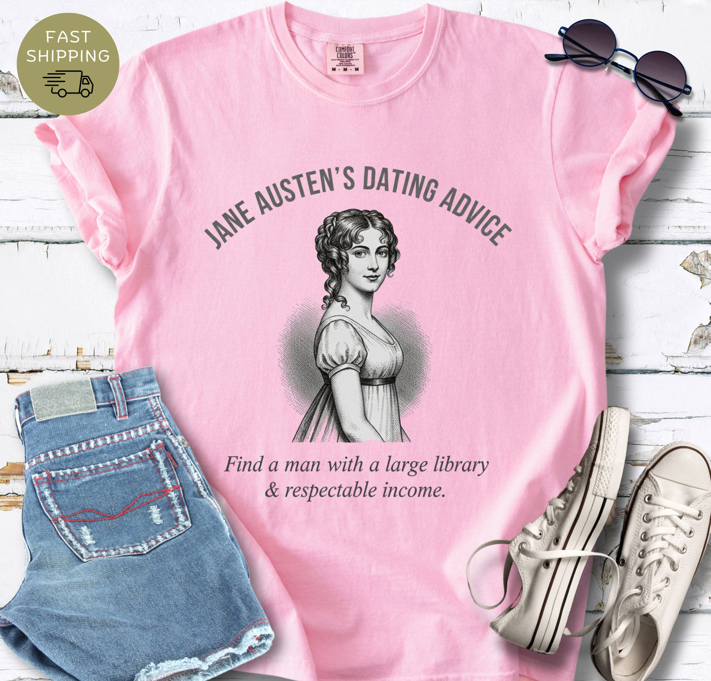 Classic literature shirt in Blossom color featuring Jane Austen portrait and witty dating advice quote