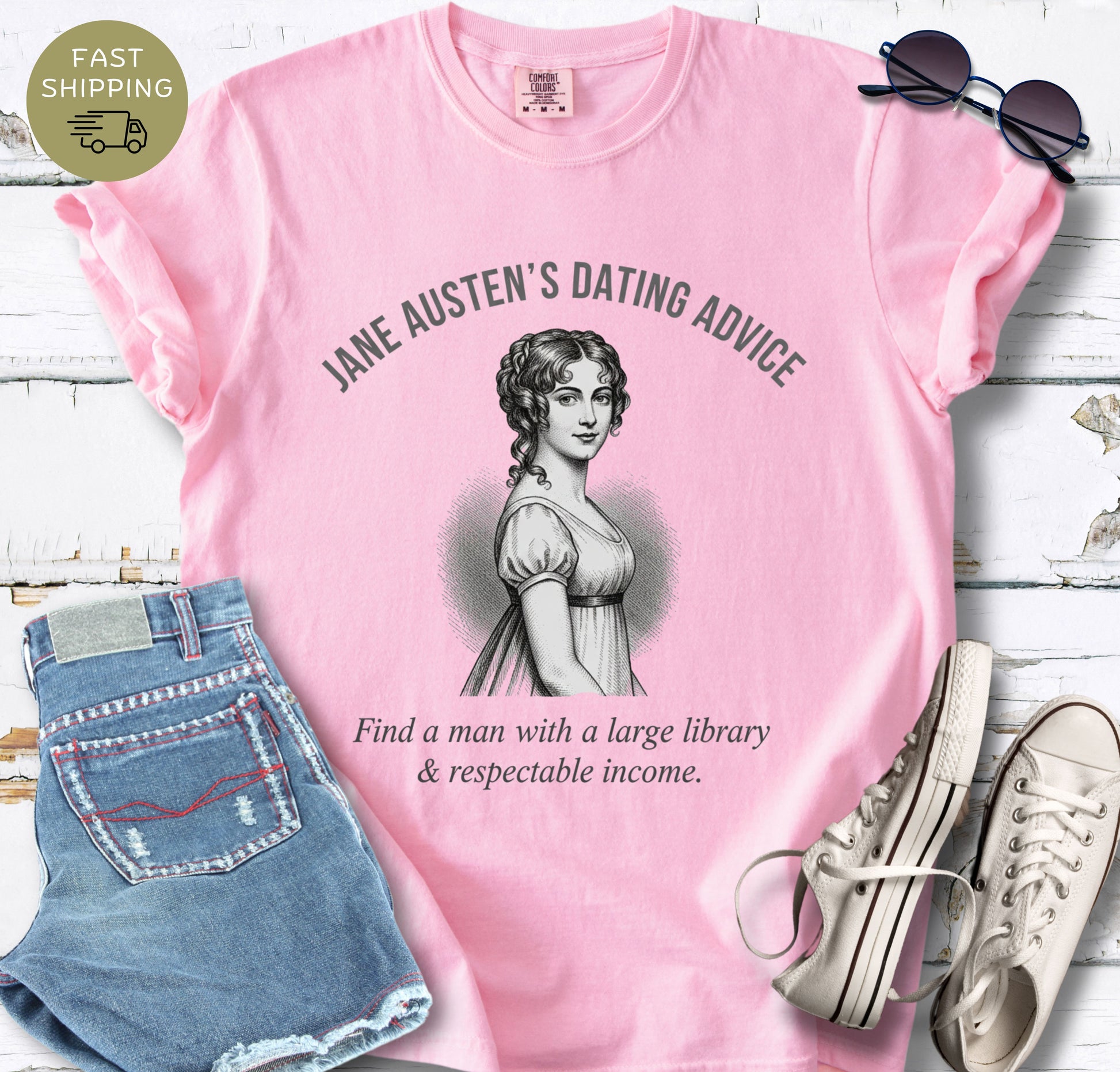 Classic literature shirt in Blossom color featuring Jane Austen portrait and witty dating advice quote