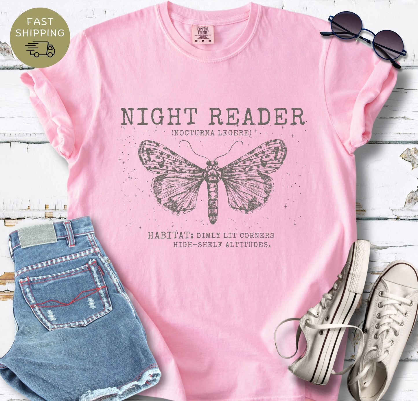 Comfort Colors blossom tee with aesthetic moth and reading design