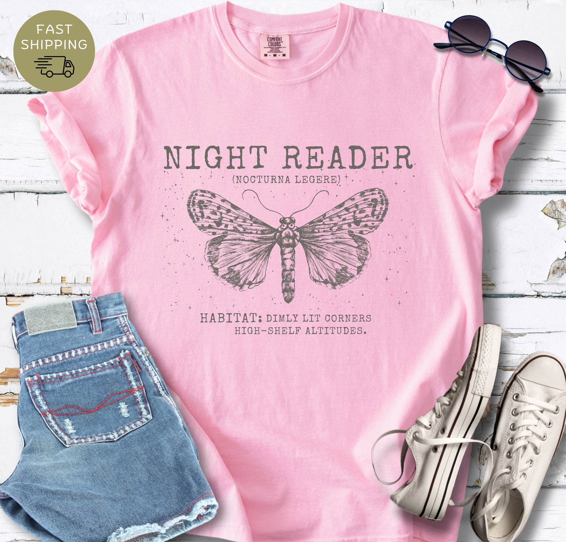 Comfort Colors blossom tee with aesthetic moth and reading design
