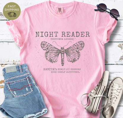 Comfort Colors blossom tee with aesthetic moth and reading design