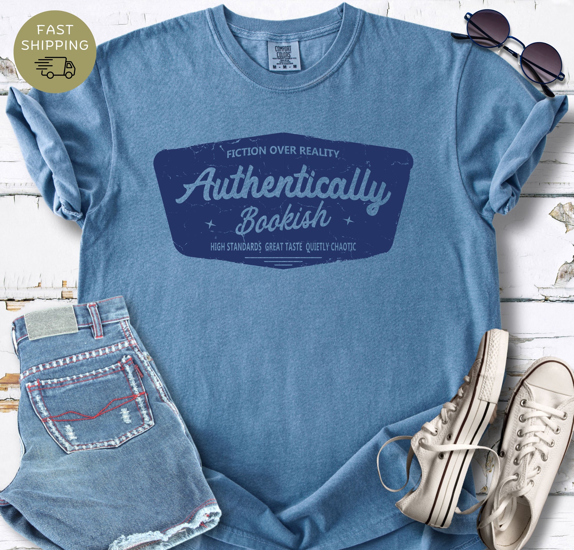Minimalist bookish shirt with distressed badge style design
