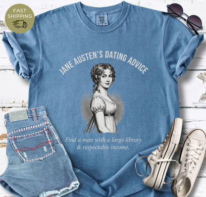 Pride and Prejudice inspired book lover shirt on Comfort Colors Blue Jean tee