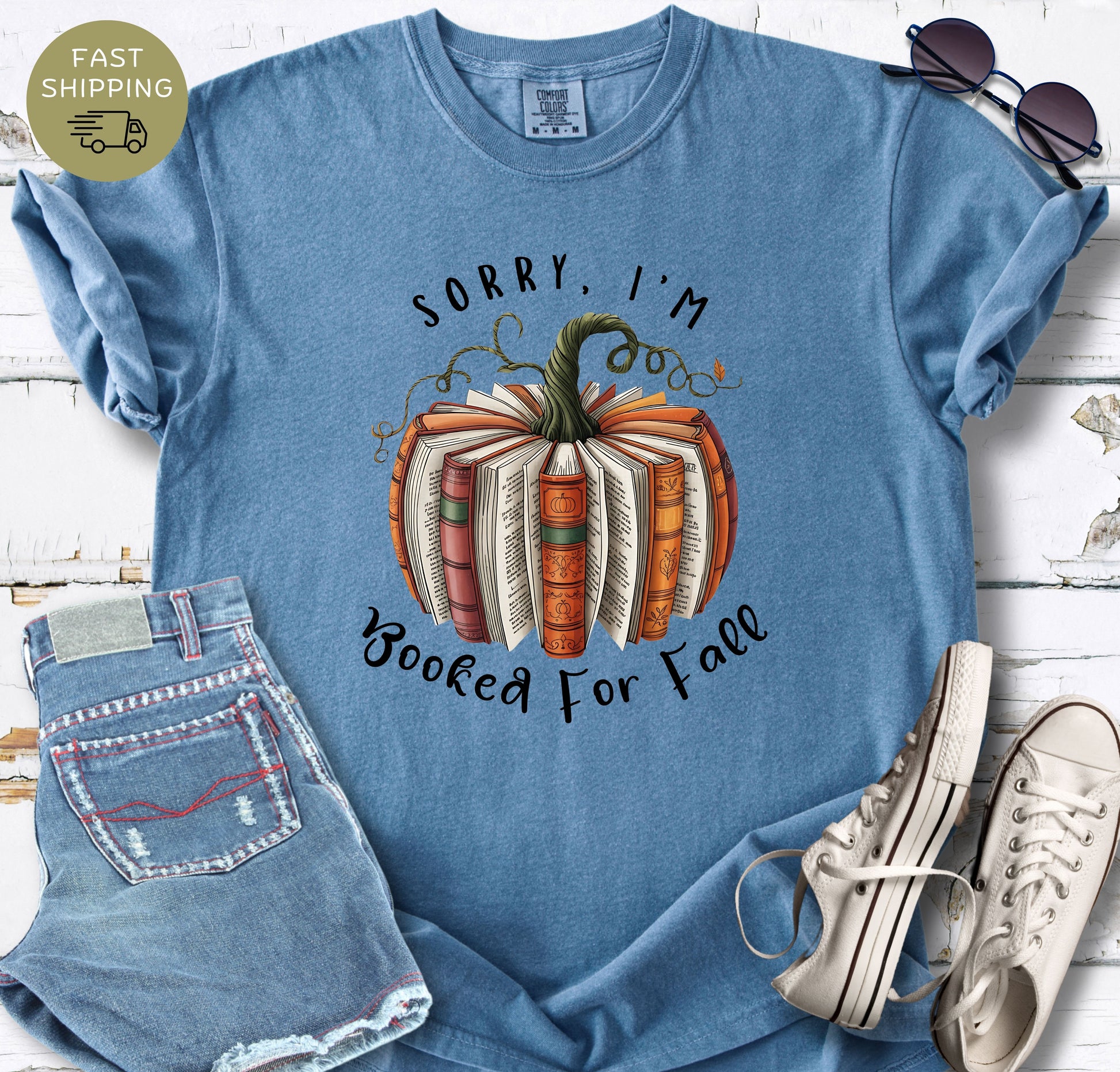 Sorry I’m Booked for Fall t-shirt for readers who love autumn and books.