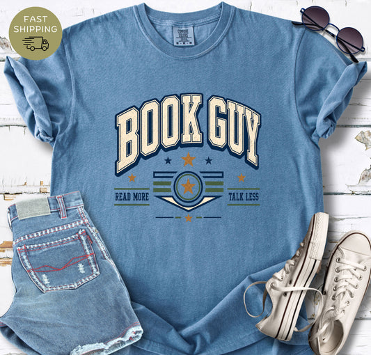 Blue Jean Comfort Colors t-shirt with Book Guy read more talk less design