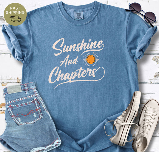 Sunshine And Chapters t-shirt in blue jean with retro distressed script and sun graphic