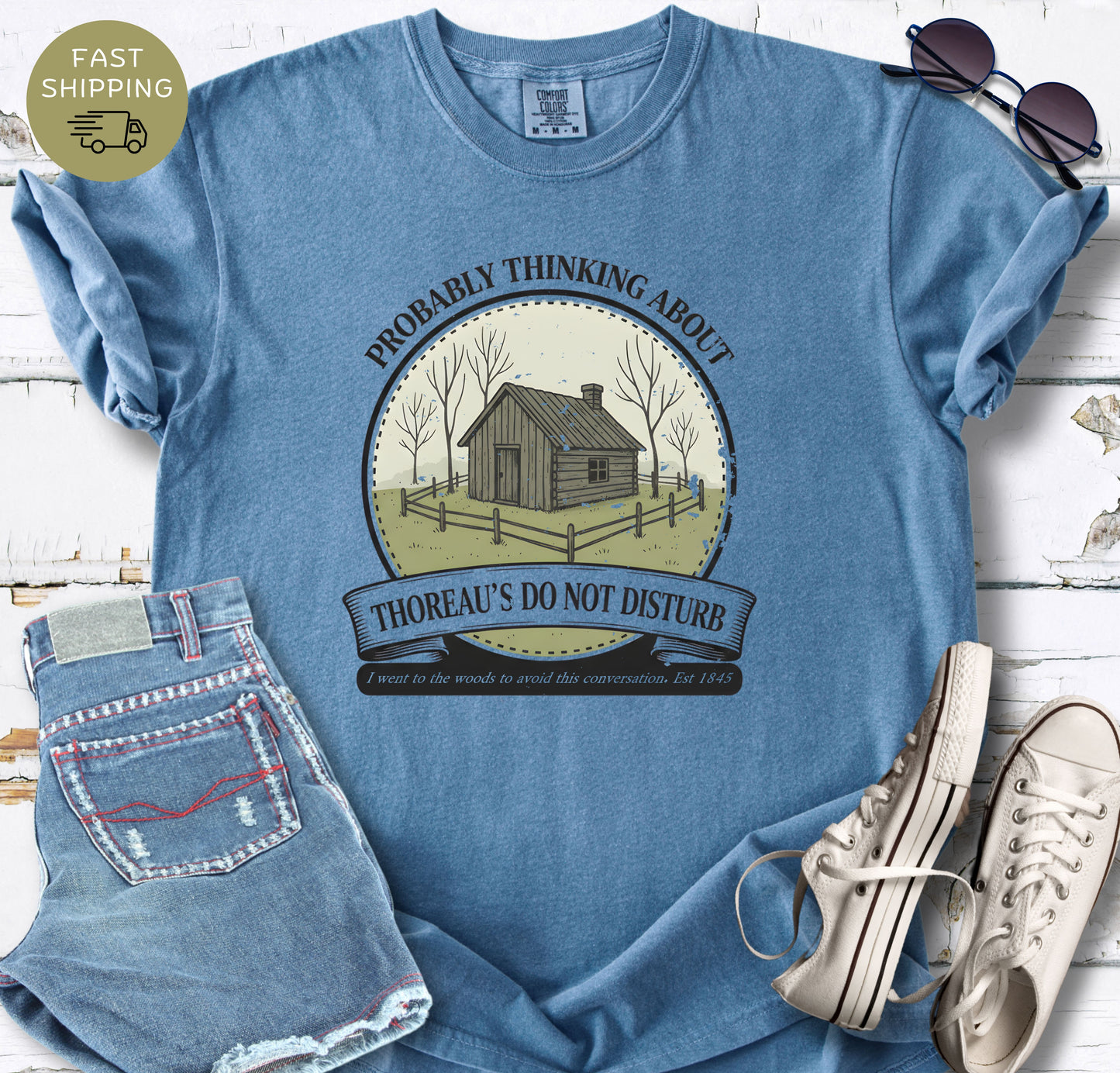Blue Jean Cottagecore book lover tee with vintage cabin and literary humor design