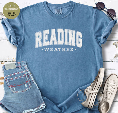 Vintage style reader shirt with reading weather text